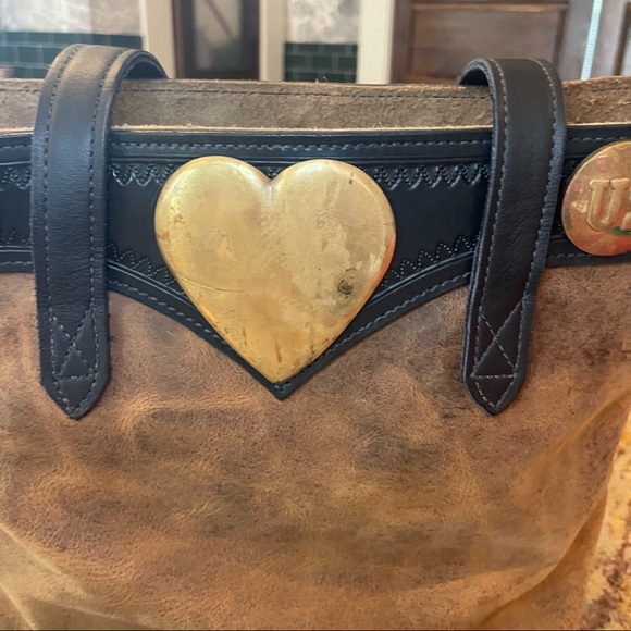 LEATHER TOTE BAG WITHE VINTAGE CIVIL WAR CALVARY HEART BRIDLE ROSETTES - Picture 8 of 16